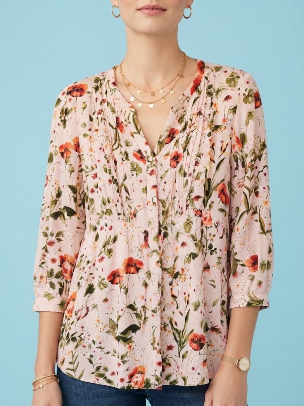 Hilary Radley Light Pink Rose & Poppy Floral V-Neck Button Peasant Blouse